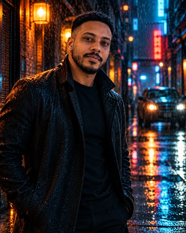 Cinematic neon street AI photo of the same man
